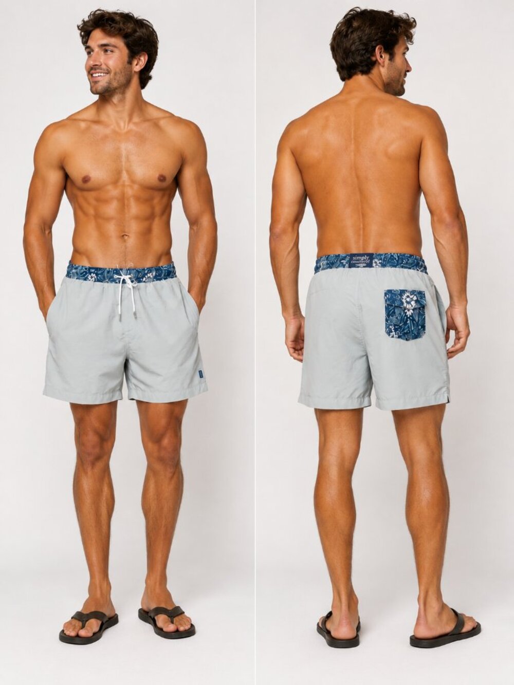 Mens gray board shorts blue Hawaiian pocket